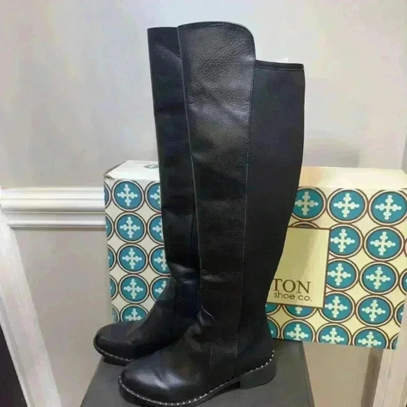 Charleston Shoe Co. Black Learher Soho Boots W/ Weitzman Studded Gold Accent 6 - Picture 2 of 13